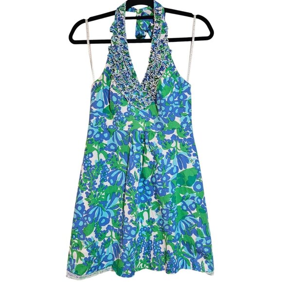 Lilly Pulitzer Halter Bee in Your Bonnet Sleeveless Dress V-Neck Ruffle  2 Woman - Picture 2 of 13
